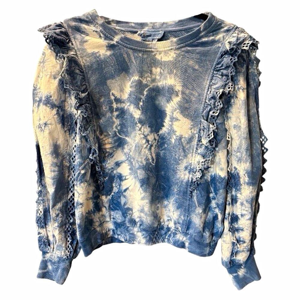 Anthropologie Tie-Dye Sweatshirt Blue/White Ruffle Lace Crew Long Sleeve M